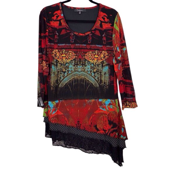 Calessa Graphic Art Print Tunic Red Black Size 1X Asymmetric Lace Hem Lagenlook - Picture 1 of 11